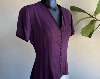 1940s Plum Purple Button Up Crepe Blouse Small