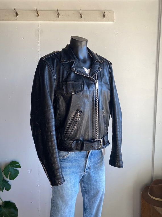 1970s Bermans Black Leather Classic Biker Jacket W