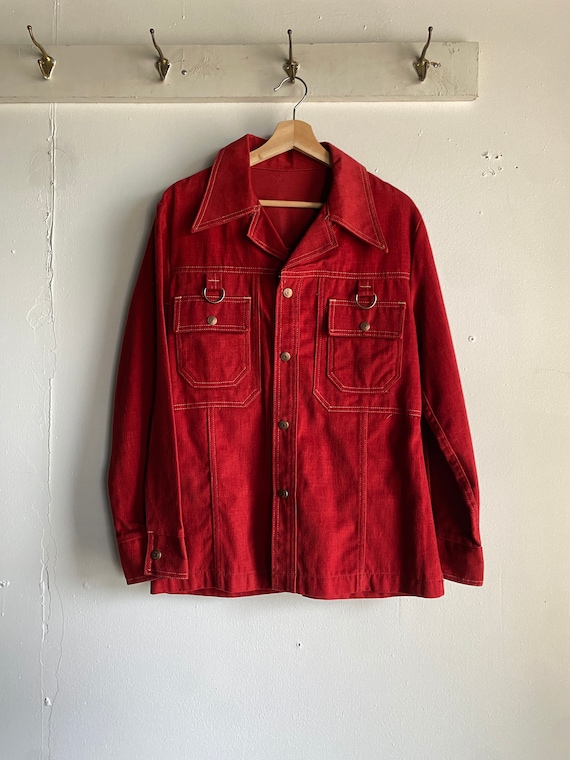 1970s Brushed Cotton Crimson Red Mens Snap Button 