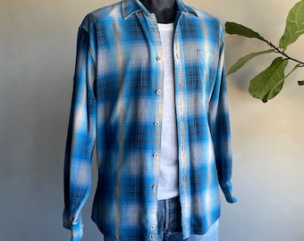 1980s Osh Kosh Blue Shadow Plaid Cotton Flannel Shirt XLT
