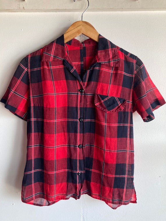 50s/60s Unbranded Plaid Pattern Blouse Size S/M - image 2