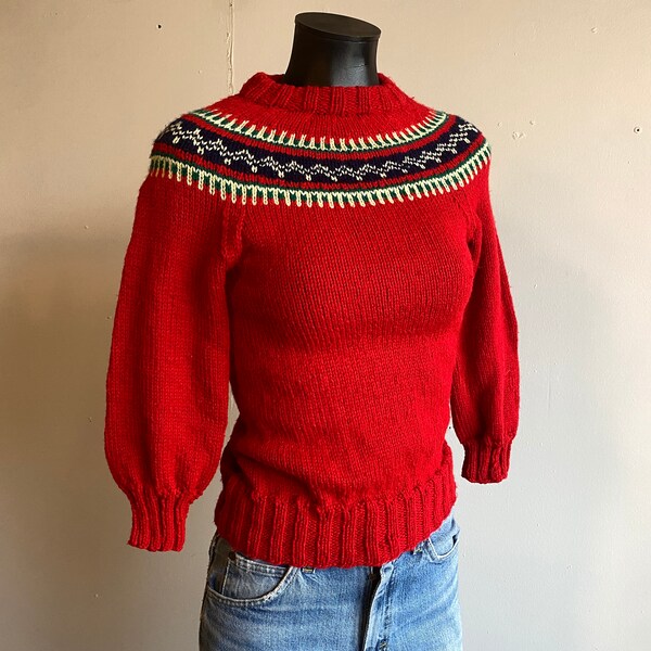 1950s/60s Unbranded Red Fair Isle Holiday Sweater XS