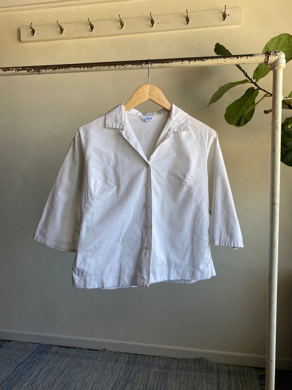 1950s/60s Judy Bond White 3/4 Sleeve Button Up Blo