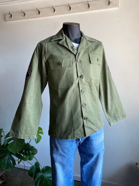 1940s WWII HBT OD Crisp Button Up Military Field S