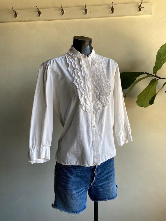 1970s Unbranded White Cotton Ruffle Blouse Small