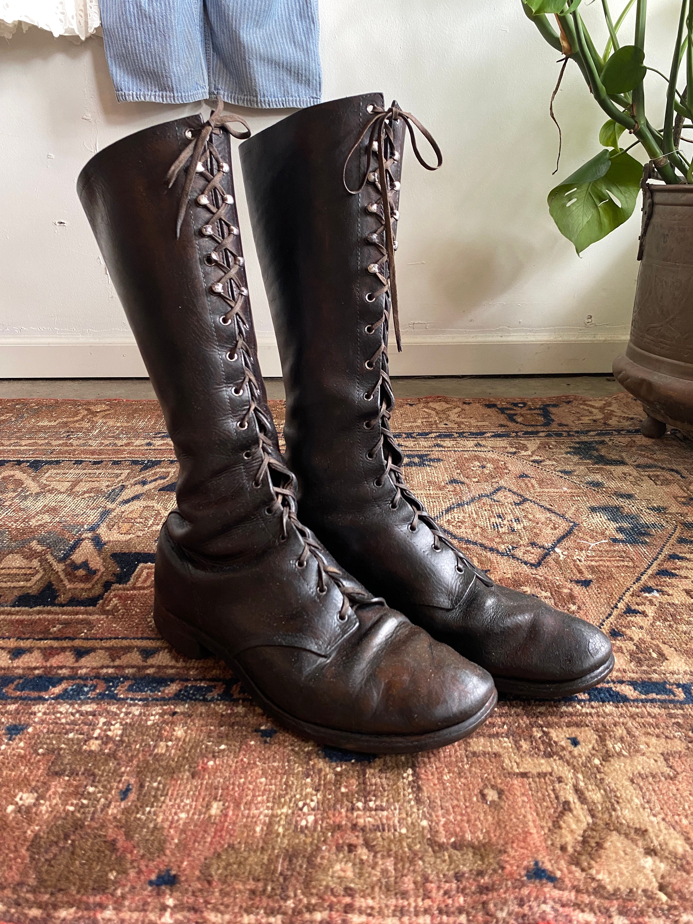 70s Black Leather Lace Up Knee High Boots