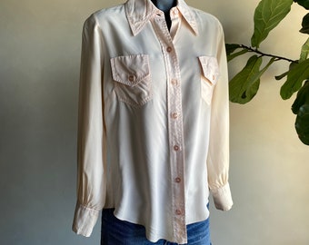 1960s Lady Manhattan Pale Pink Silky Button Up Blouse Small