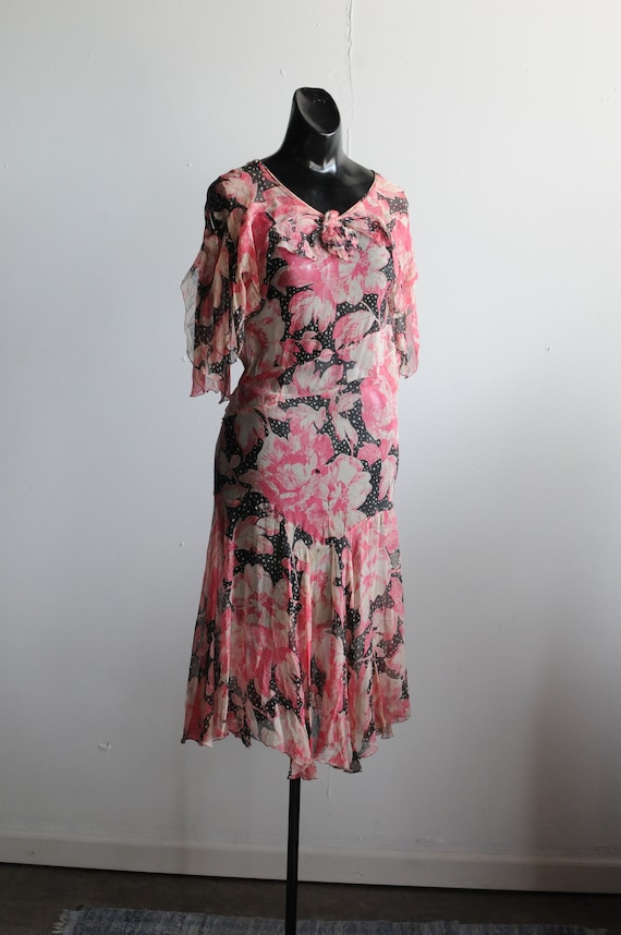 1930's Sheer Floral Black and Pink Layered Ruffle 