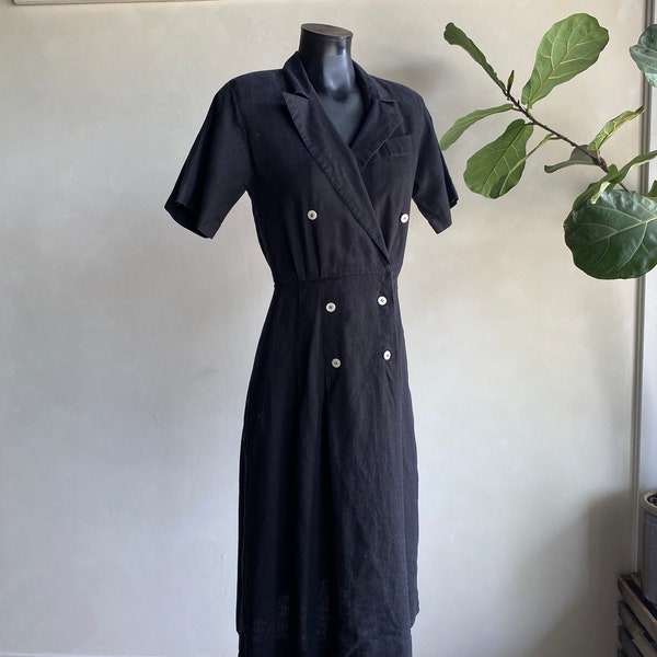 1980s/90s JG Hook Black All Natural Fiber Linen Double Breasted Dress Small