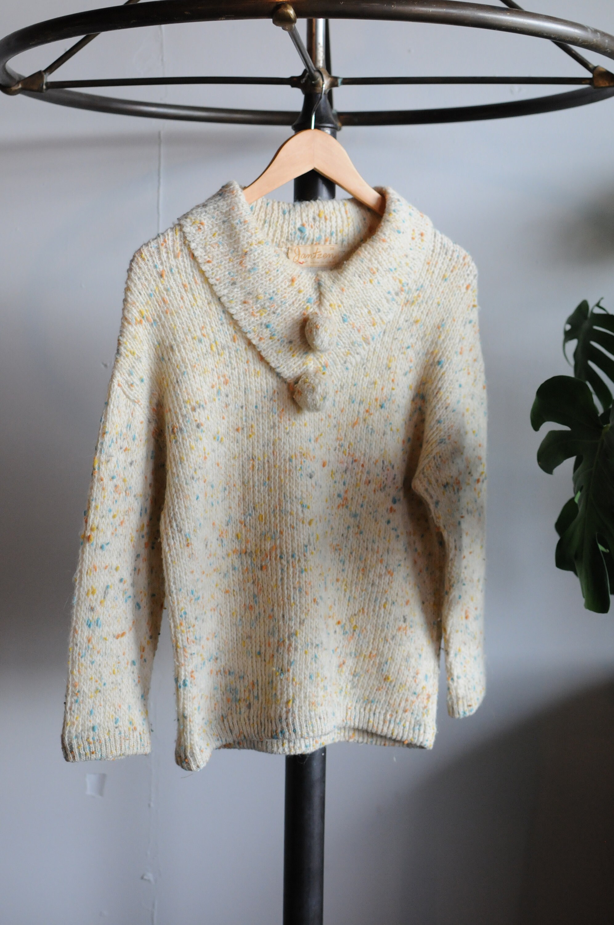 vtg fur knit best zip付き jantiquecurios Mid Century Jantzen Cream Knit Confetti Speckled Pom Pom