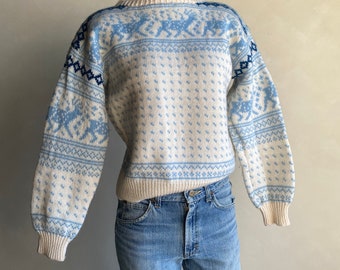 Unbranded Vintage Cream Blue Reindeer Fair Isle Wool Knit Pullover Sweater M