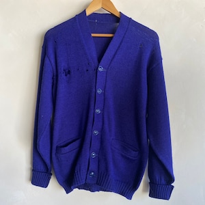 As is 1940s/50s Fixer Upper Blank Blue Wool Knit Class Sweater Varsity Cardigan Medium