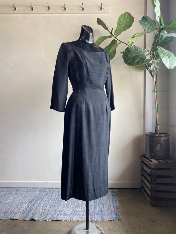 1940s/50s Black Long Sleeved Midi Cocktail Dress X