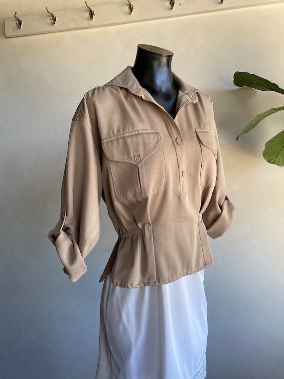 1970s Homemade Khaki Gabardine Women’s Blouse Sma… - image 1