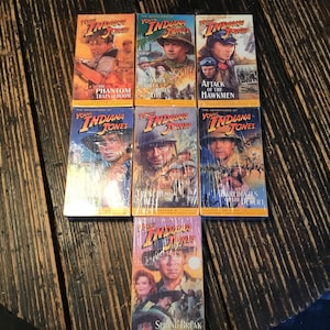 Può includere: Una collezione di videocassette VHS di "Le avventure del giovane Indiana Jones". Le cassette hanno copertine colorate con immagini del personaggio principale in varie ambientazioni avventurose. I titoli includono "Phantom Train of Doom" e "Attack of the Hawkmen".