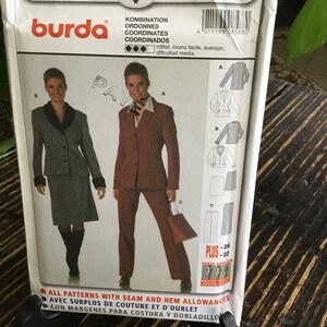 May include: Burda sewing pattern number 8588 for a combination of coordinated outfits. The pattern includes instructions for a blazer, skirt, and trousers. The pattern is for sizes 10-22 and 18-24. The pattern is labelled as "mittel, moins facile, average, dificultad media."