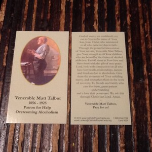Carte de prière du vénérable Matt Talbot, 1856-1925, patron de l'aide à vaincre l'alcoolisme