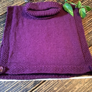 Hand Knit Purple Sleeveless Turtleneck Vest With Opened Sides And Button Closures