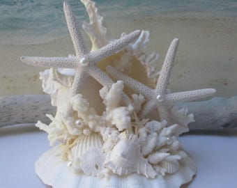 Shell Cake Topper w/ Coral & Starfish, Beach Coastal Wedding Keepsake Decor