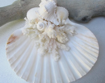 Beach Wedding Ring Bearer Display - Scallop Shell Coral, Coastal Bridal Decor