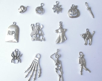 Halloween Charms Mix – Zombie, Witch, Ghost, Skeleton, Spider, Jack-O-Lantern, Haunted House, Cat, RIP Gravestone