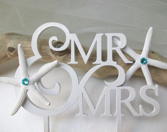 Beach Theme Mr Mrs Sign Starfish Cake Topper w/ Rhinestones Accents, Mr and Mrs Wedding Bridal Cake Topper with Bling