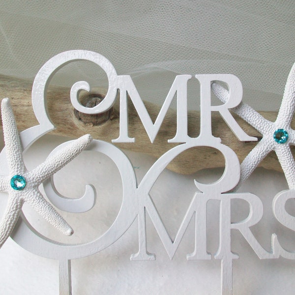 Beach Theme Mr Mrs Sign Starfish Cake Topper w/ Rhinestones Accents, Mr and Mrs Wedding Bridal Cake Topper with Bling