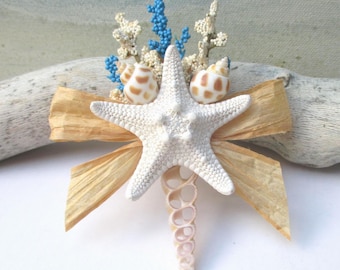 Beach Boutonniere Corsage Pin: Shell, Starfish & Flowers, Wedding, Vow Renewal, Variety of Colors