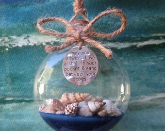 Coastal Year Round Ornament Decor: Sand & Shells in Glass Disc w/ Well Wish Charm