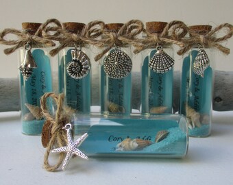 Beach In Bottle Favor w/ Message Tag & Shell Starfish Charms, Beach Theme Wedding Bridal Shower Save The Date Special Event Favor, Set of 6