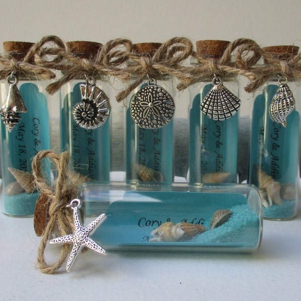 Beach In Bottle Favor w/ Message Tag & Shell Starfish Charms, Beach Theme Wedding Bridal Shower Save The Date Special Event Favor, Set of 6