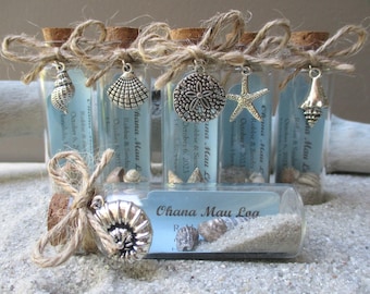 Beach Bottle Favors, Shell Starfish Charms, Personalized Tag, Set of 6