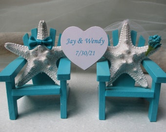 Beach Starfish Adirondack Chair Cake Topper with Personalized Heart: Wedding, Bridal Shower, Vow Renewal, fits 6" Cake Top