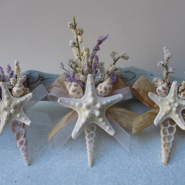 Beach Theme Wedding Shell Boutonniere, Shell Starfish Boutonniere Pin in Cream & Beige, Lavender Option