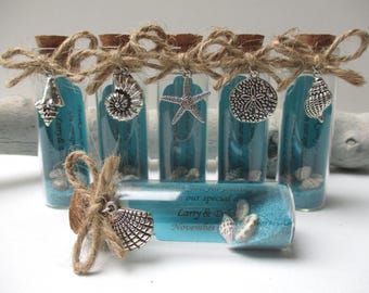 Celebration of Life Memorial Favors - Beach Bottle w/ Shell & Starfish Charms, Personalized Tag, Set of 6