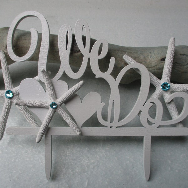 Beach Theme Family Wedding "We Do" Cake Topper w/ Starfish Pearl or Rhinestone Accents, Couple w/ Child(ren), Vow Renewal