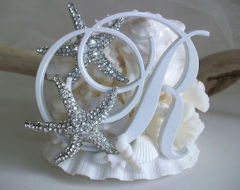 Beach Coastal Wedding Monogram Cake Topper:  Shells, Coral, Starfish w/ Rhinestone or Pearl