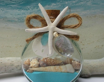 Coastal Decorative Glass Beach Bottle – Sand, Shells, Starfish, Sea Glass Home Decor