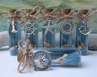Nautical Beach in Bottle Favor: Sand, Shells, Silver Charms, Personalized, Set of 6
