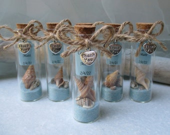 Beach In Bottle Favor w/ Thank You Heart Charm & Personalized Message Tag, Set of 6, Wedding Bridal Shower Birthday Special Event Favor