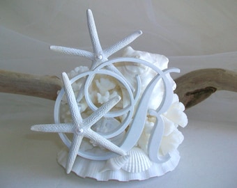 Beach Wedding Monogram Cake Topper Keepsake: Shell, Coral & Starfish