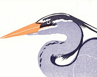 Great Blue Heron card linocut, 3 colors, 4" X 5", all occasion