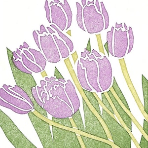 Tulips linocut card, lavender and 2 greens