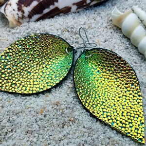 Chameleon earrings, color changing earrings, green chameleon, green and yellow, light summer jewelry, birthday gift, reptile skin, snake