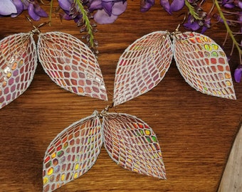 Real leather holographic python earrings, High quality leather, Light weight, leaf earrings, snake pattern jewelry, snakes lovers, nature