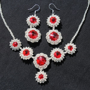 Swarovski necklace, Silver necklace, Red crystals, Wedding jewelry sets, Crystal earrings, Elegant, Dinner, Ruby necklace, Gift for her,