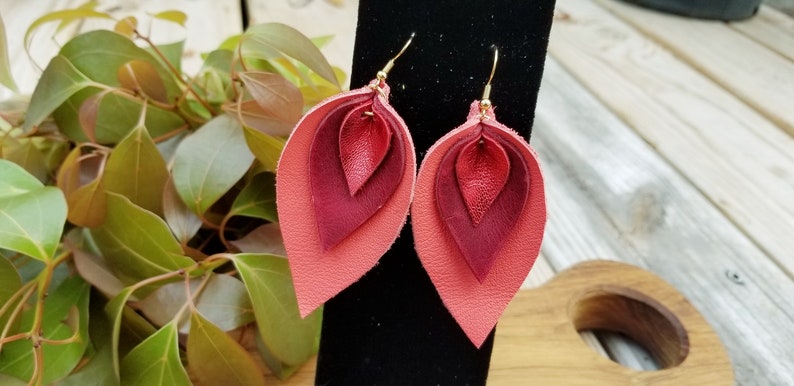 metallic or matte Three leaf earrings, High quality leather Genuine leather earrings