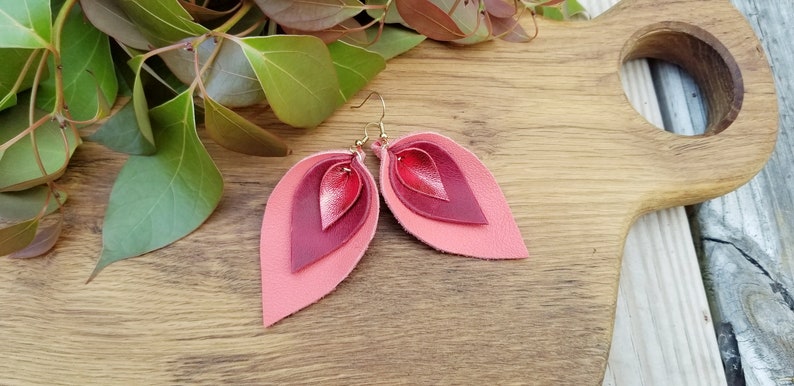 metallic or matte Three leaf earrings, High quality leather Genuine leather earrings