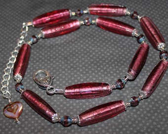 Lovely Vintage Cranberry Glass on Silver Foil Beaded Necklace  B23