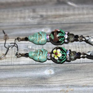 Green Czech Glass Buddha Long Earrings w/ Vintage Black Cloisonne Beads E107
